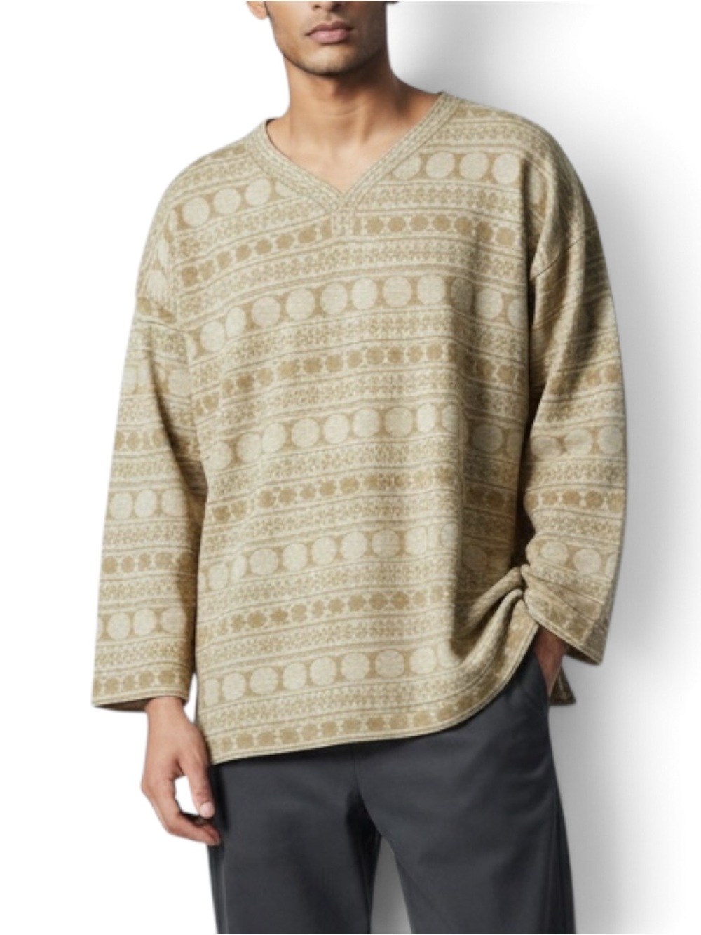 Blackmeans Japanese Streetwear Mens V-Neck Geometric Patterned Sweater Beige 3 M